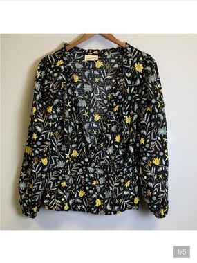 Universal Thread Black Floral V-Neck Blouse with Yellow Accents